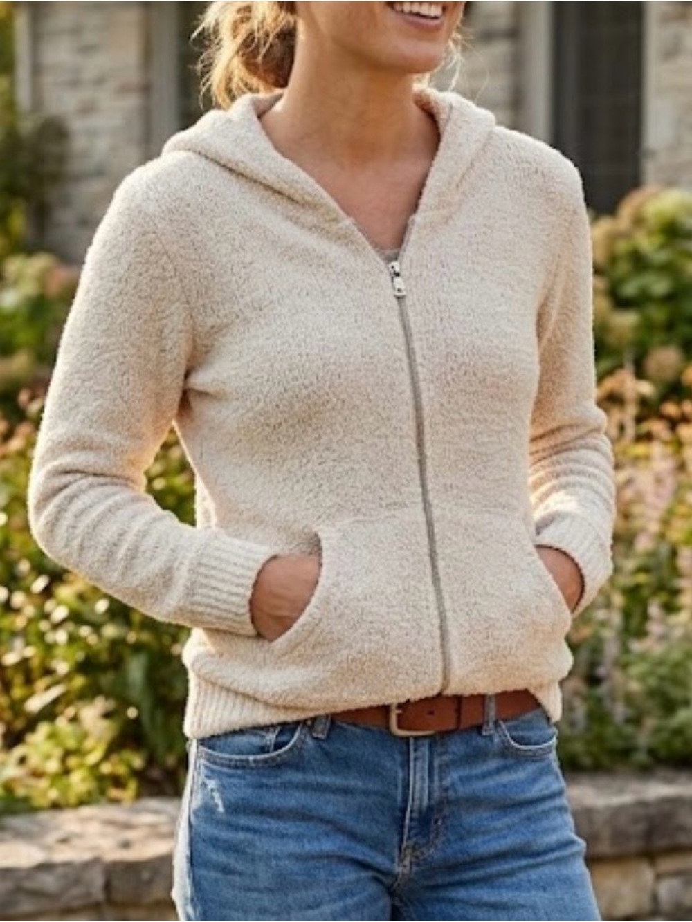 Kashwére Full-Zip Microfiber Hoodie Jacket cream split kangaroo pockets small